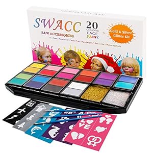 SWACC Face Paint Kits for Kids – 20 Washable Colors + Gold & Silver Glitter + 30 Stencils + 3 Brushes -Safe Face & Body Painting Makeup for Halloween Party – No-Toxic, Water Based, Easy to Use