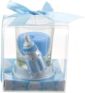 Keepsake Figurine 12 pcs Blue Baby Bottle Glass Votive Candle Set | Awesome Decorations or Party Favors | for Pregnancy Announcements, Gender Reveals, Birthday and Special Celebrations