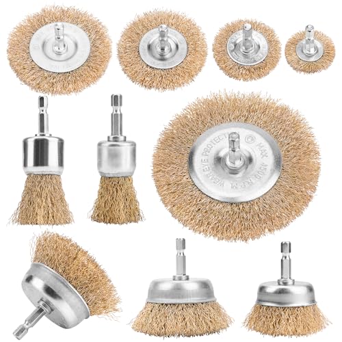 Junchamp Wire Brush for Drill, 10 Piece Drill Wire Brush Set, Brass Coated Wire Cup Brush with 1/4 Inch Shank, Wire Brushes Drill Attachment for Rust Removal, Stripping & Abrasive Cleaning