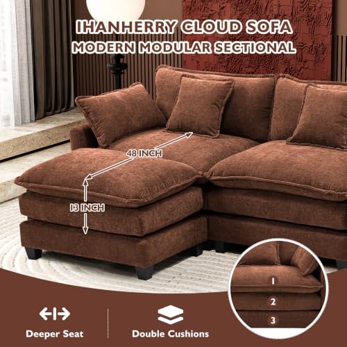 Image of Ihanherry 111.4 inch U Shaped Modern Sofa Modular Sectional Luxurious and Comfortable with 2 Ottoman, 5-Seat Chenille Deep Seat Sofa with Pillow for Living Room, Bedroom and Apartment, Brick Red
