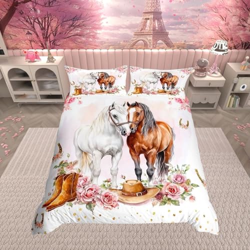 Homewish Housse de Couette 140x200 Fille Cheval Occidentale - Parure de Lit Ado Fleur Chapeau de Cowgirl - Sets de Housses de Couettes Fer À Cheval du Far...