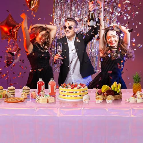 Image of 3 Pack Iridescent Plastic Tablecloth, Shiny Disposable Laser Rectangle Table Covers, Holographic Foil Tablecloth Party Decorations for Birthday Bridal Wedding Anniversary Party Supplies, 50 x 100 Inch