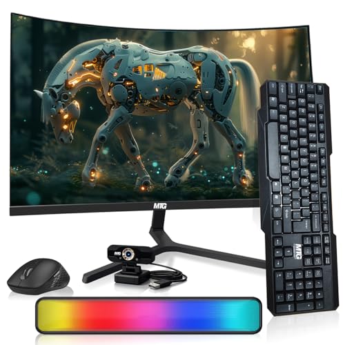 MTG 27' Curved Monitor Full HD 1080P Frameless Screen, HDMI DP USB Audio, Low Motion Blur, VESA Mount, Webcam with Wireless Keyboard Mouse & Soundbar, Computer Monitor for Gaming, Home and Office