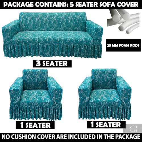 Image of Gifts Island Sofa Cover Set Marble Design 5 Seater Fully Covered Universal Polycotton Spandex with 360 Frill Non-Slip Sticky Elastic Stretchable Sofa Slipcover for Livingroom (Teal Marble)