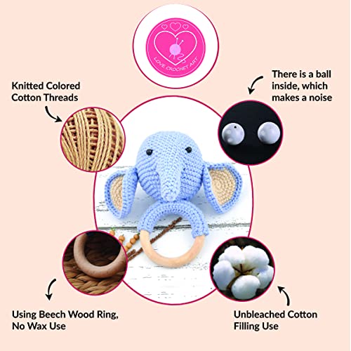 Image of Love Crochet Art Animal Shape Crochet Rattle Cum Soft Toy for Infant, Kids & Babies, Early Age Gift Toys (Elephant - Blue)