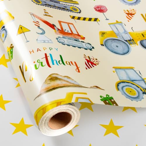 Flyhill Construction Wrapping Paper Roll Colorful Excavator Tractor with HAPPY BIRTHDAY & Star Reversible Gift Wrap for Kids Birthday Baby Boy Shower Party Celebration - Mini Roll(17 IN x 32.8 FT)