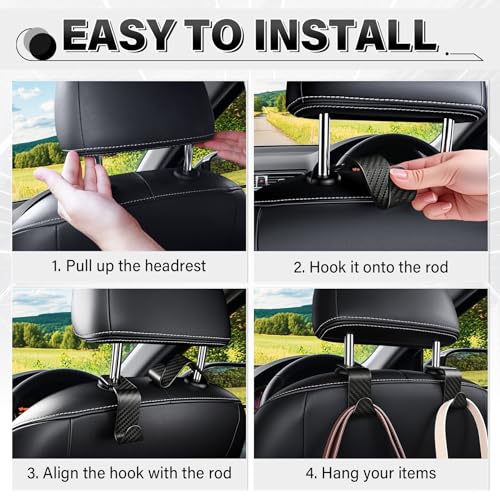 Image of SINGARO Universal 4 Pack Car Seat Headrest Purse Hook, Carbon Fiber Back Seat Hook Storage Organizer Hanger for Purse Handbag Coat, Car Interior Accessories(Black)