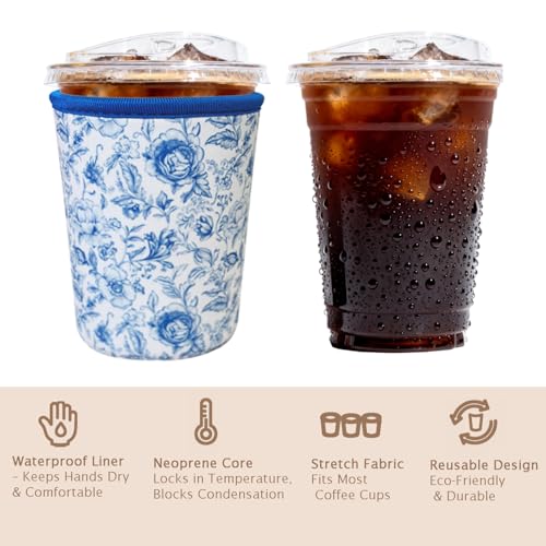 Image of Reusable Insulated Sleeve for Iced Coffee Cup, Coffee Neoprene Sleeve for Cold & Hot Drinks, Beverage Holder for Iced Coffee (Vintage Blossoms, Large: 32oz)