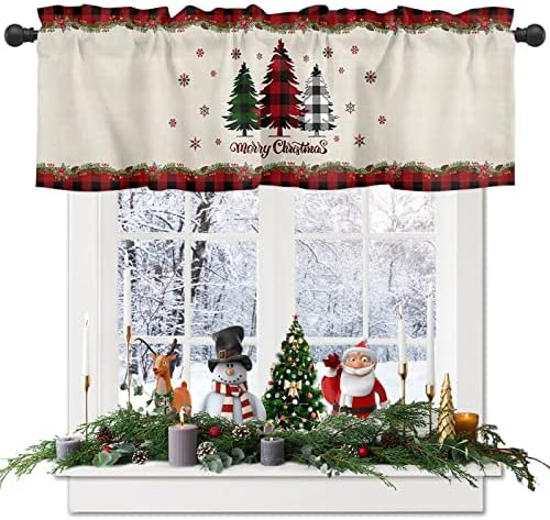Christmas Valance for Windows Pine Tree Holly Window Toppers Valances Rod Pocket 1 Panel Snowflake Xmas Buffalo Plaid Check Window Treatments for Kitchen Bathroom Bedroom 54 x 18 inch