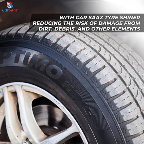 Image of CAR SAAZ Tyre Shiner 5L with 2 Applicator Pads, Empty Spray Bottle & Microfiber Cloth | Car & Bike Tyre Polish | Prevents Fading & Cracking | Shine & Protects | Non-Greasy, Long Lasting, Deep Gloss