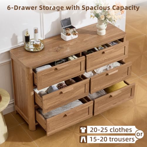 Image of Joaxswe Farmhouse 6 Drawer Dresser for Bedroom, Horizontal Dressers with 6 Deep Drawers & 4 Thickened Table Legs, Brown