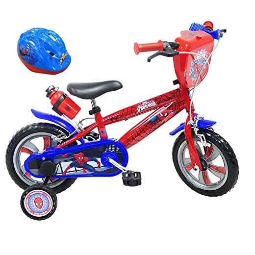 Barncykel, 12 tum, 2 till 4 år, med 2 bromsar, behållare och flaskhållare, dekorativ framplatta, 2 stabilisatorer + Spiderman, hjälm för pojkar, röd, 30 cm