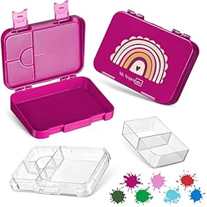 My Vesperbox – Len – Bento Box Kinder – Lunchbox mit 4+2 Fächern – extrem robust – Brotdose – Brotbox ideal für Kindergarten und Schule… (Lila – Regenbogen)