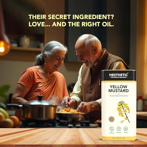 Image of HESTHETIC Cold Pressed Mustard (Sarson) Oil 5L | Pure Sarson Ka Tel | Natural-Aroma Unrefined Cooking Oil for North Indian & Bengali Cuisine | German-Tech Single-Screw Press