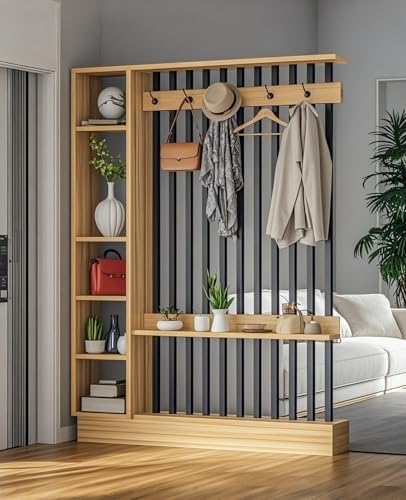 Separador de ambientes de pared, columna divisoria de entrada de pie, con armario perchero y estante expositor, biombo de privacidad de madera, columna separadora de habitación(Wood color+black,140cm/