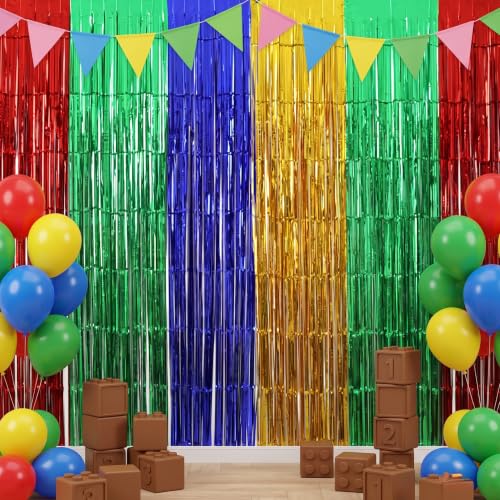 Image of TONIFUL 2Pcs Red Green Blue Yellow Metallic Foil Fringe Curtain Streamers | 3.3ftx6.6ft Photo Booth Backdrop Door Tinsel Streamer, Props for Birthday Graduation Baby Shower Summer Pool Party Decoration
