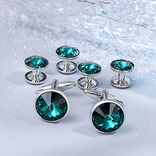 Hawson Cufflink And Studs Tuxedo Set Silver Color With Austrian Crystals In Jet Hematite, Dark Blue, Crystal Grey,Purple, Green (Emerald) #TOP5