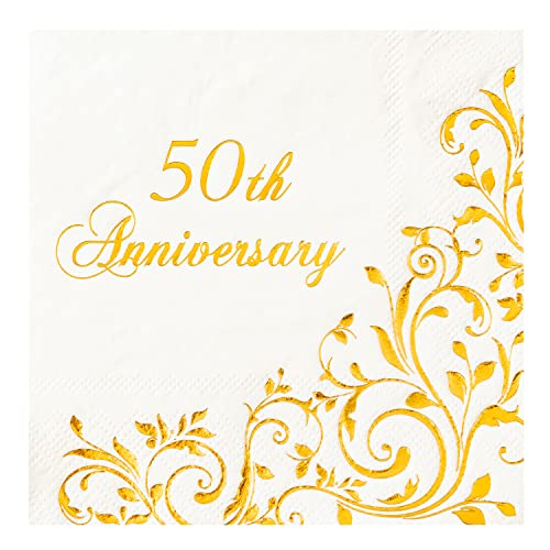 Crisky 3-Ply Gold Foil 50th Anniversary Cocktail Napkins for Golden Wedding Party Decoration Disposable Beverage Dessert Napkins 50 Counts