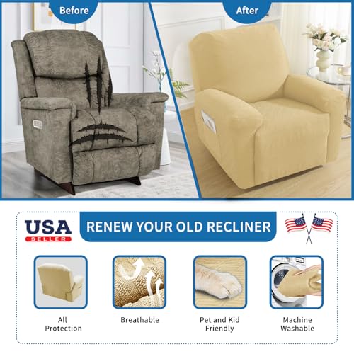 XINEAGE 4-Piece Recliner Cover Stretch Jacquard Slipcover with Pocket, Washable Recliner Chair Protector for Kids, Pets, Dogs, Cats (Beige)