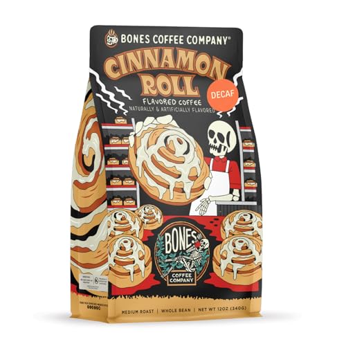 Bones Coffee Company Decaf Cinnamon Roll Decaffeinated Flavored Coffee, Medium