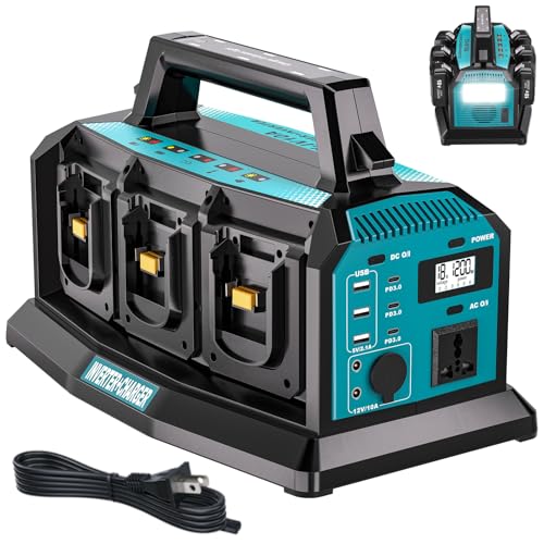1200W Integrated Power Inverter with 6A Fast Charger 6 Ports for Makita 18V Battery Portable Pure Sine Wave Inverter with 120V AC Outlet 6*USB and LED Light for Camping Travel Jobsite(Tool Only)