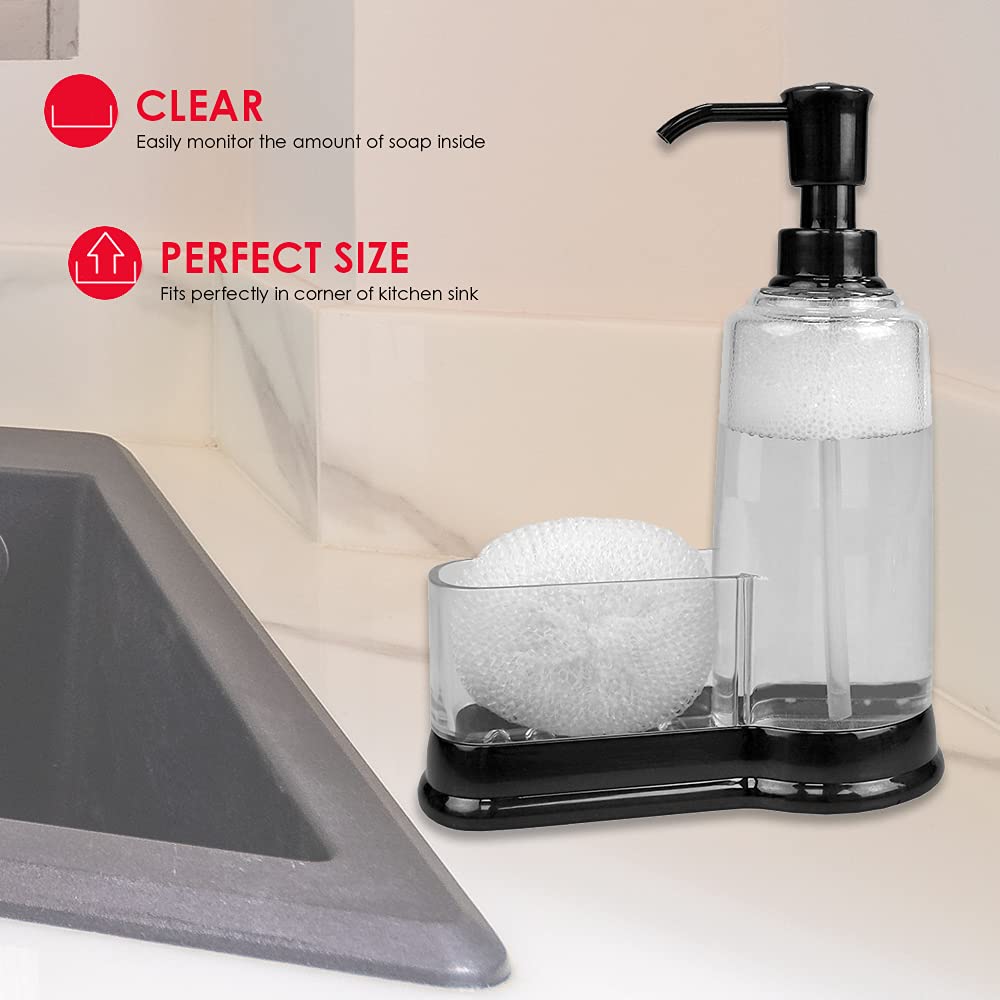 Home Basics Plastic Soap Dispenser with Sponge Compartment, Black, 6.75 x 3.25 x 8.75 inches - Image 3