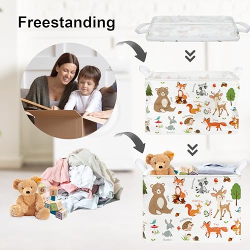Image of Clastyle Woodland Nursery Animal Tree Baby Gift Storage Basket for Kid Room | Waterproof Large Dirty Clothes Book Gift Toy Organizer Bin, Nursery Playroom Bedroom Bathroom Shelf, Bear Raccoon Rabbit