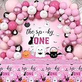 AIBIIN 100 pcs Spooky One Birthday Decorations for Girl Pink Halloween 1st Birthday Party Decorations Include Banner Tablecloth and Balloons Arch Girls Ghost Party Favors Decor Supplies