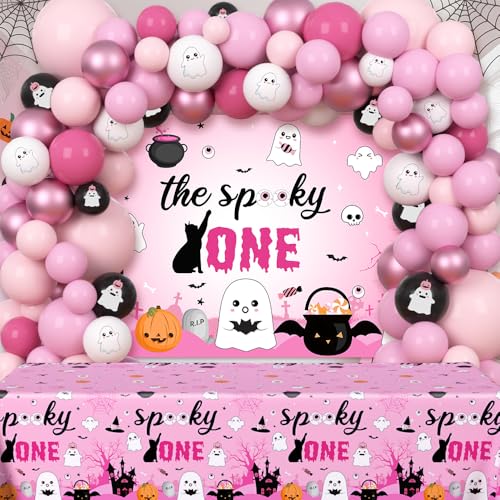 AIBIIN 100 pcs Spooky One Birthday Decorations for Girl Pink Halloween 1st Birthday Party Decorations Include Banner Tablecloth and Balloons Arch Girls Ghost Party Favors Decor Supplies