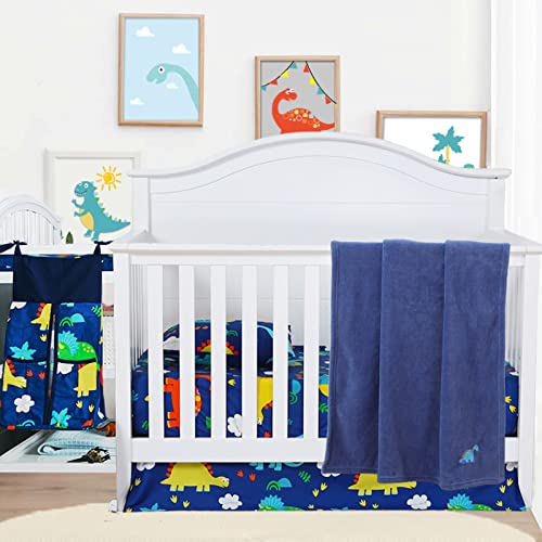Image of Cloele Baby Bedding Set - 4 Piece Crib Bedding Set Includes Embroidery Plush Blanket Fitted Sheet Crib Skirt Baby Pillowcase - Dinosaur Crib Skirt Bed Set for Boys and Girls Nursery Bedding Set