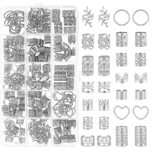 Nogeqi 190PCS Silver Hair Jewelry for Braids Metal Hair Charms Cuffs Rings Clips Silver Loc Jewelry for Women Men Dreadlock Accessories Decorations