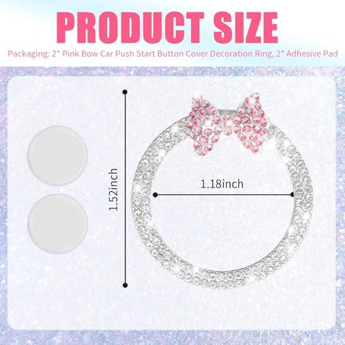 2PCS Pink Bow Car Push to Start Button Cover,Bling Rhinestone Car Engine Start Button Cover for Decorate Buttons,Fashion Cars Starts Buttons Covers as Gift for Women,Girls — 사진 2