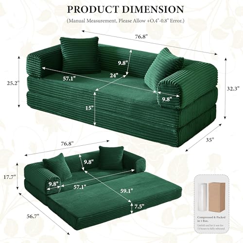 Image of Boneless Couch Futon Sofa Bed Sectional Couches for Living Room,Cloud Couch with Sleeper Sofa,Sofas for Living Room Oversized Corduroy Upholstered (Green, 76 Inches (No Iron Frame))