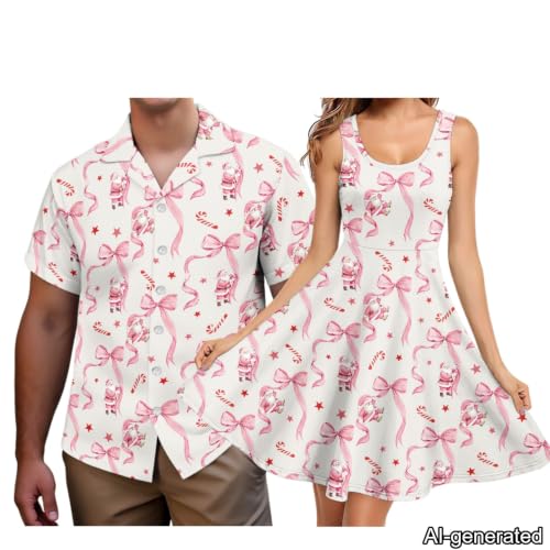 Image of Dreaweet Summer Dresses for Women A-Line Sleeveless Flowy Sun Dresses,Men's Casual Button-Down Shirts,Couple Matching Outfits