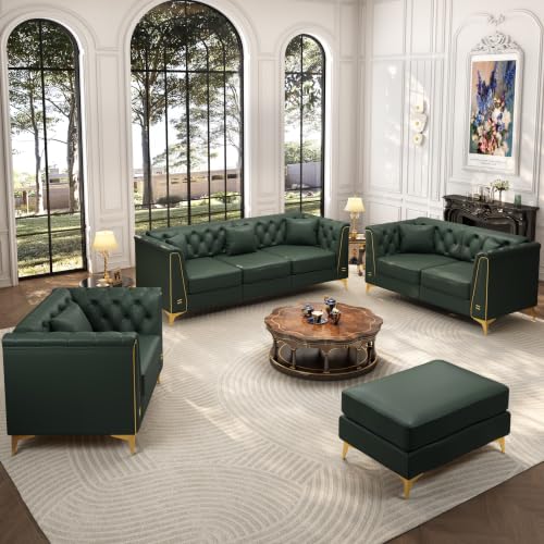 Image of KEIKI 3-Piece Chesterfield Sofa Set with Handmade Button Tufted, Green