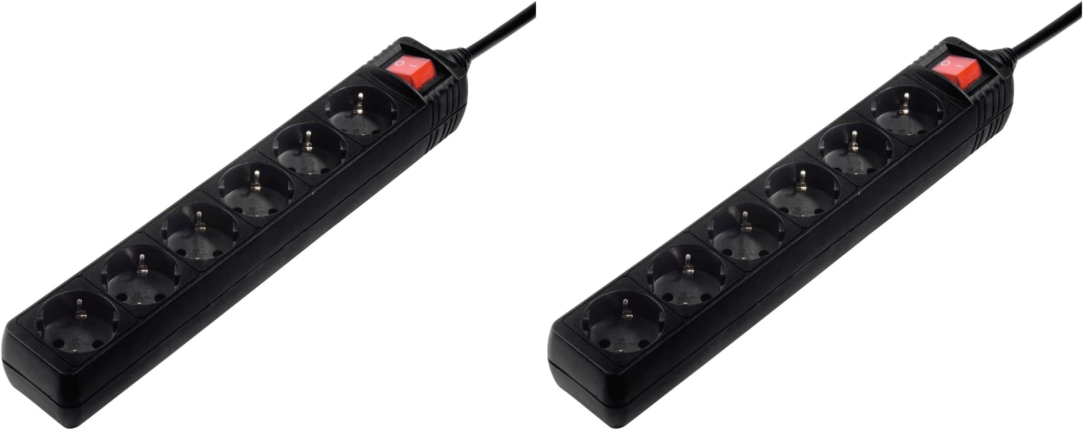 Hama | Regleta Negra de 6 Enchufes con Cable Extra Largo de 5m, Interruptor de Encendido, Base Múltiple con Seguridad Infantil, Tira de Enchufes para Montaje en Pared, 3680W - Negro (Paquete de 2)