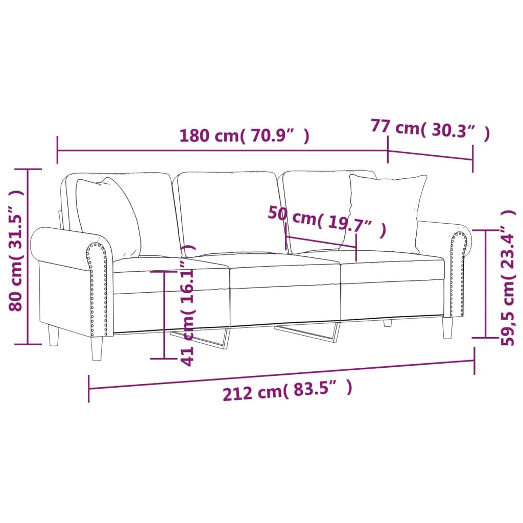 Yamxder Canapé 3 places, gris clair, 212 cm, en velours, design moderne avec coussin décoratif, construction en métal robuste, canapé-lit confortable pour les petites pièces, salon, bureau
