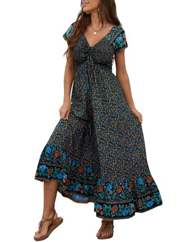 Image of Summer Smocked Boho Maxi Dress for Women 2026 Short Sleeve Floral Smocked Flowy Ruffled Beach Vacation Dresses Lightweight