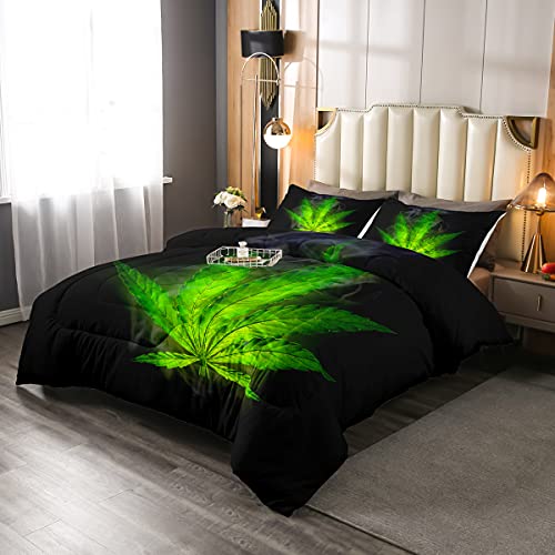 Erosebridal Marijuana Weed Comforter Set Twin Size, Adult Cannabis Leaves Bedding Set, Exotic Leaves Rustic Down Comforter for Kids Teens Women, Maple Leaf Quilted Duvet Bedroom Decor, Green