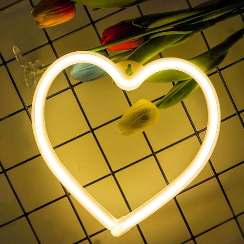Image of Warm White Heart Neon Sign Battery Operated or USB Powered LED Heart Light | LED Heart Neon Lamp for Valentines Day Wedding Proposal Mother's Day Dorm Bedroom Decor, Gifts for Mom Wife Girfriend Girls