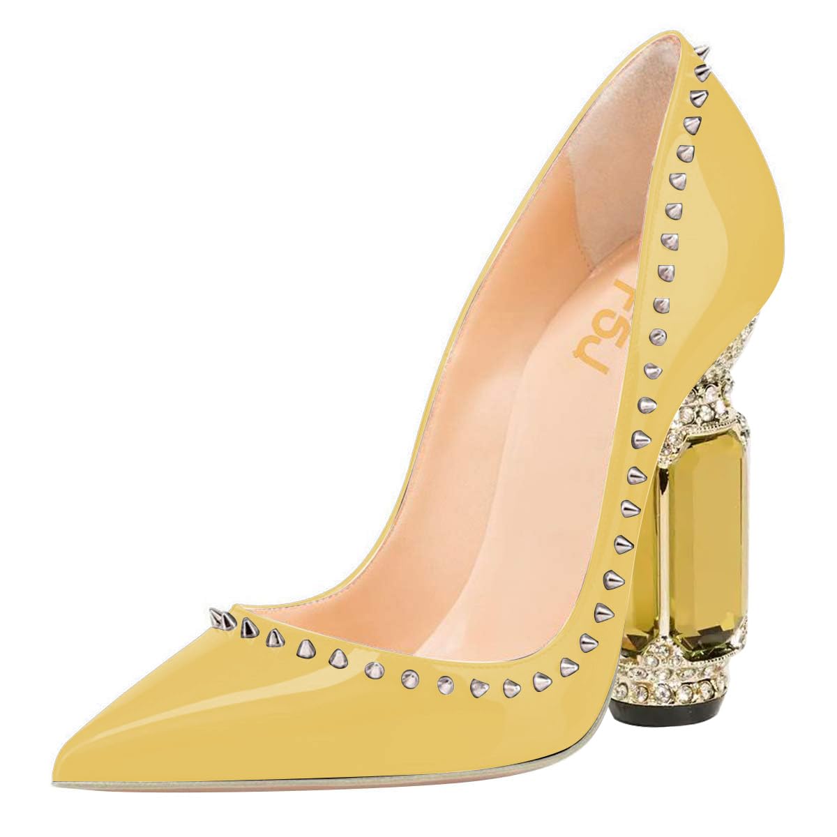 FSJ Women Bridal Pointed Toe Chunky Block High Heel Crystal Pumps Slip on Wedding Thick Comfort Evening Dress Studded Rivets Shoes