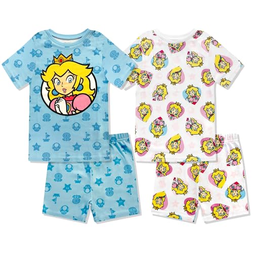 Princess Peach 4 Piece Pajama Set - Girls PJ Tight Fit Short Sleeve Shirt & Short Soft Kids Sleepwear Set - Official License