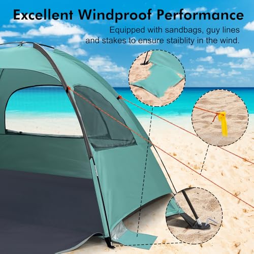 Image of WhiteFang Beach Tent Anti-UV Portable Sun Shade Shelter for 3 /4 /6 /8 Person, Extendable Floor with 3 Ventilating Mesh Windows Plus Carrying Bag, Stakes and Guy Lines