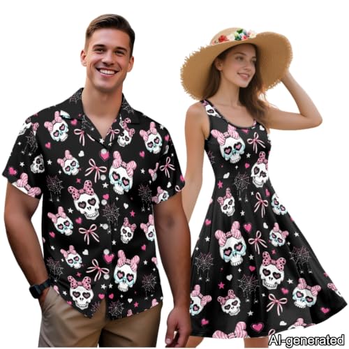 Image of Dreaweet Summer Dresses for Women A-Line Sleeveless Flowy Sun Dresses,Men's Casual Button-Down Shirts,Couple Matching Outfits