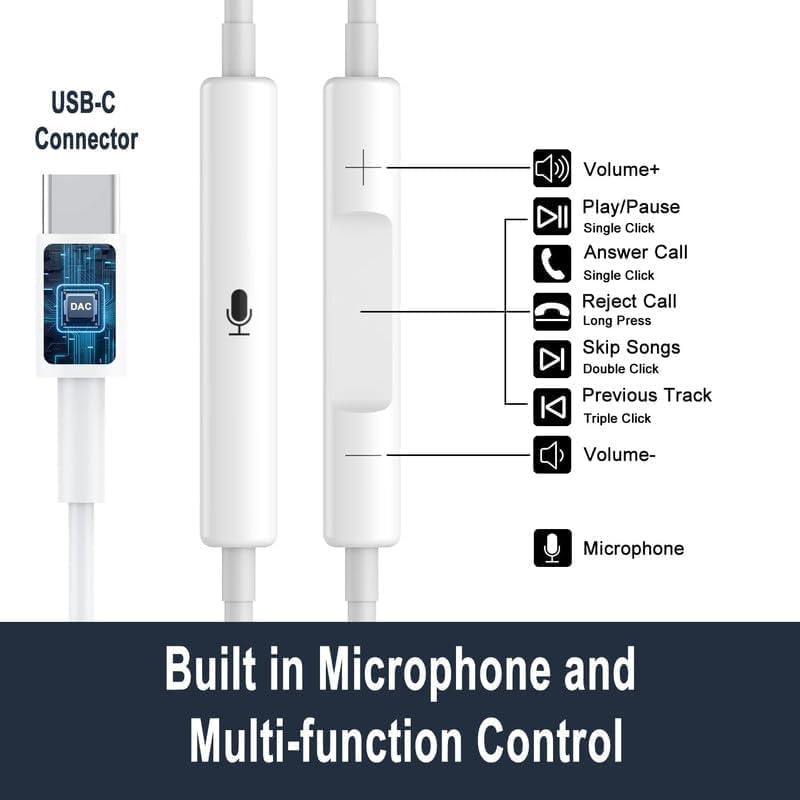Image of cShot Type C Earphones for iPhone 15 /16 Series, Wired Earbuds with Mic, Hi-Fi Stereo Sound, Deep Bass, in-Line Controls, Type C Connector, Noise Isolation, Tangle Free Cable - White