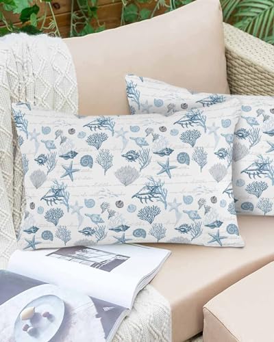 Boanket Lumbar Pillow Covers 12 x 20 In, Blue Coastal Waterproof Throw Pillow Cover Set of 2, Summer Beach Starfish Nautical Coral Shell Home Decorative Rectangle Cushion Covers for Patio/Couch/Garden