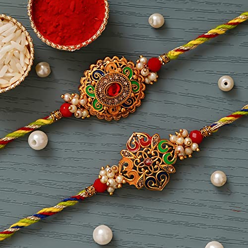 Image of eCraftIndia Set of 2 Traditional Pearl & Stone Multicolor Designer Rakhis, Best Bro Ever Fridge Magnet with Roli Chawal Pack - Rakhis for Brothers