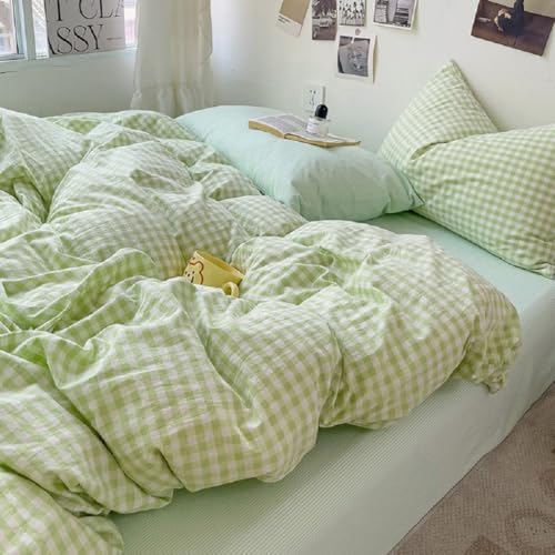 Image of LifeTB Queen Comforter Set Green Gingham Bedding Comforter Set 3 Pieces Brown Grid Bed Comforter with 2 Pillowcases Vintage Checkered Plaid Comforter Fluffy Soft Farmhouse Grid Bedding Set