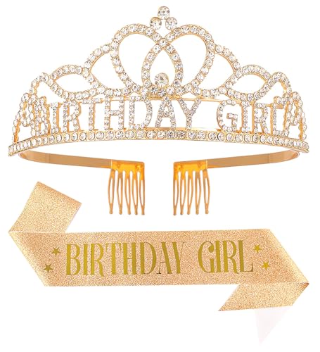 Papoopy Birthday Tiara and Crown with Sash for Women Hair Accessories for Wedding Party Costume (A1)