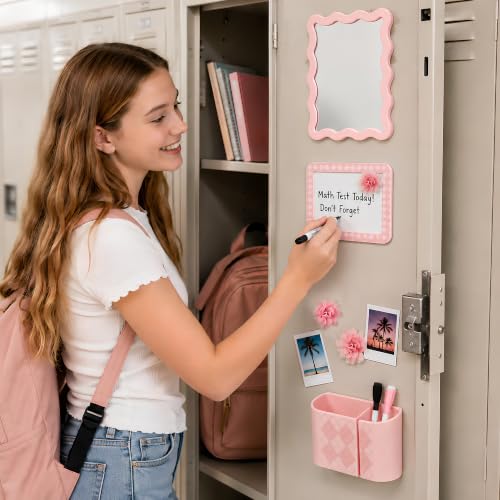 Image of 8 PCS Pink Locker Accessories Kit for Girls with Magnetic Mirror Whiteboard Pen Holder Flower Magnets Cute Aesthetic Locker Decoration Set for School Dorm Office Organization